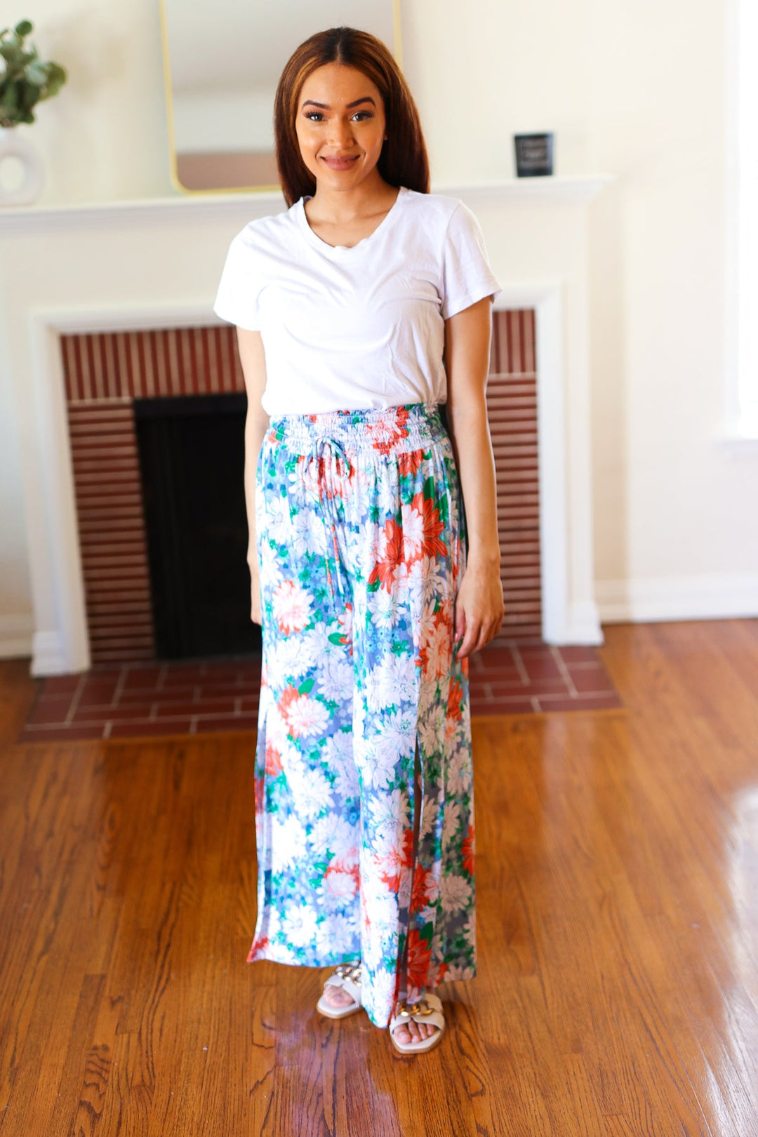 Vacay Vibes Green Floral Smocked Waist Side Slit Palazzo Pants-AndTheWhy-[option4]-[option5]-[option6]-[option7]-[option8]-Shop-Boutique-Clothing-for-Women-Online