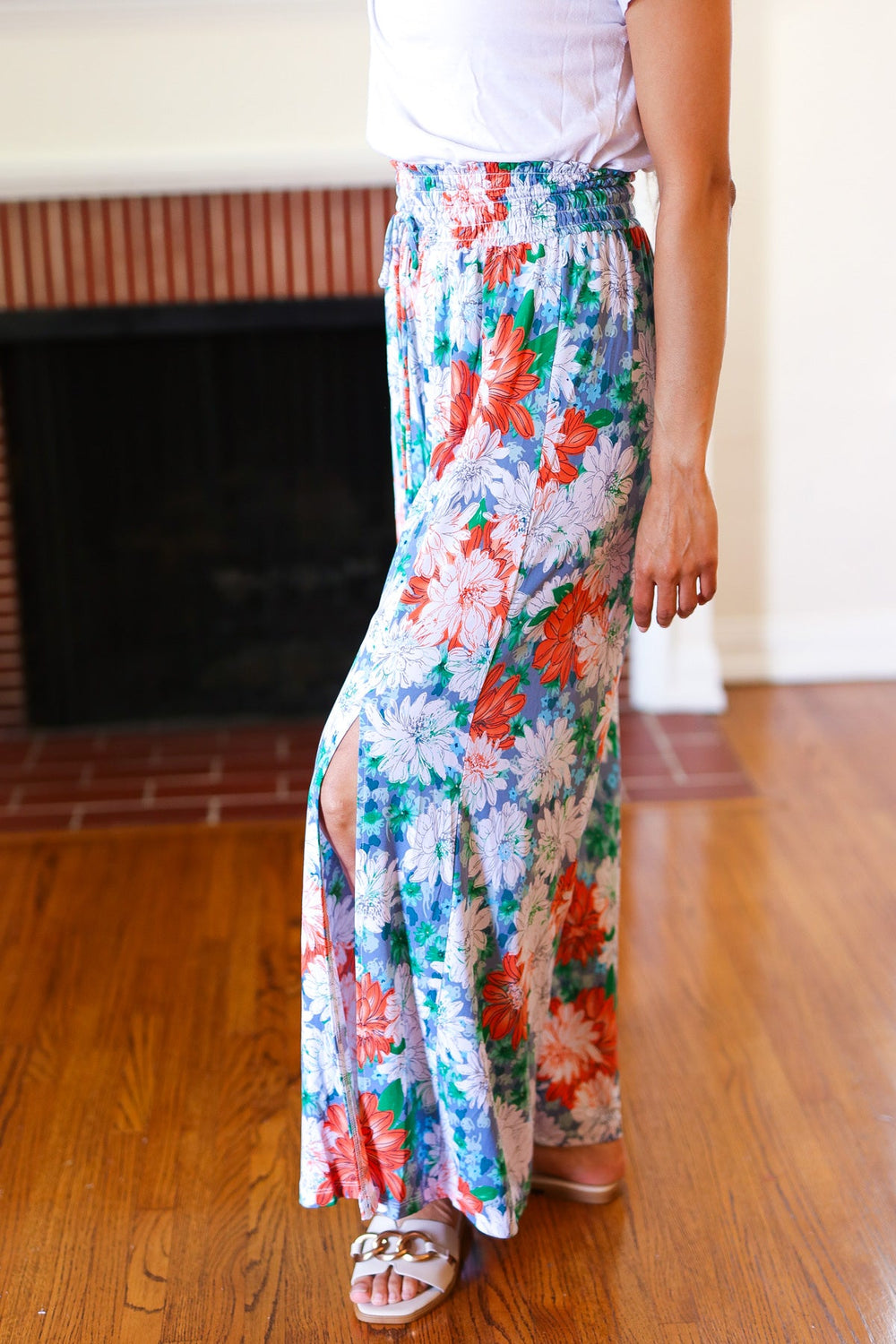Vacay Vibes Green Floral Smocked Waist Side Slit Palazzo Pants-AndTheWhy-[option4]-[option5]-[option6]-[option7]-[option8]-Shop-Boutique-Clothing-for-Women-Online
