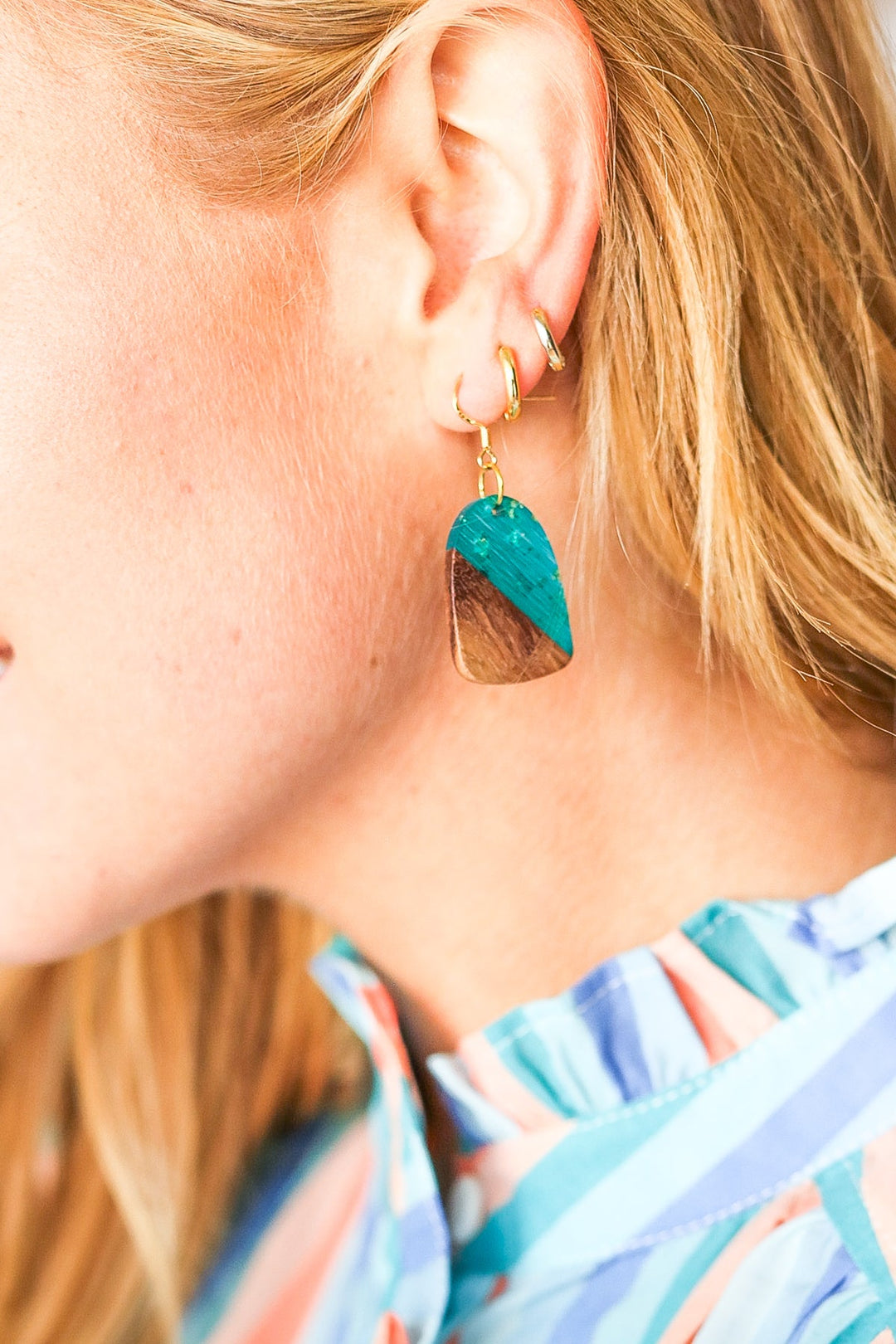 Wood & Turquoise Geometric Drop Earrings-Influence-One Size Fits All-[option4]-[option5]-[option6]-[option7]-[option8]-Shop-Boutique-Clothing-for-Women-Online