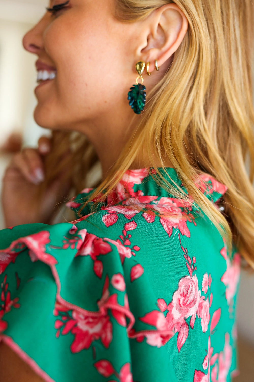 Emerald & Gold Monstera Leaf Dangle Earrings-Influence-One Size Fits All-[option4]-[option5]-[option6]-[option7]-[option8]-Shop-Boutique-Clothing-for-Women-Online