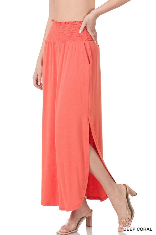 Zenana Smocked Waist Side Slit Maxi Skirt-ZENANA-DEEP CORAL-S-[option4]-[option5]-[option6]-[option7]-[option8]-Shop-Boutique-Clothing-for-Women-Online