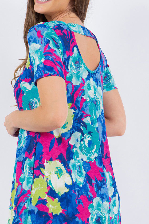 Everyday Blue & Pink Floral Ruffle Hem Dress-Hayzel-[option4]-[option5]-[option6]-[option7]-[option8]-Shop-Boutique-Clothing-for-Women-Online
