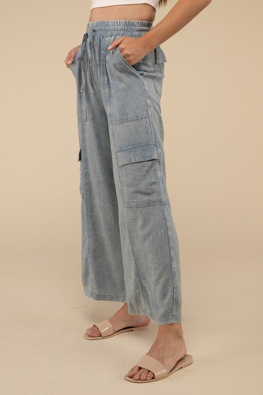 Zenana Washed Linen Elastic Band Waist Cargo Pants-ZENANA-BLUE GREY-S-[option4]-[option5]-[option6]-[option7]-[option8]-Shop-Boutique-Clothing-for-Women-Online