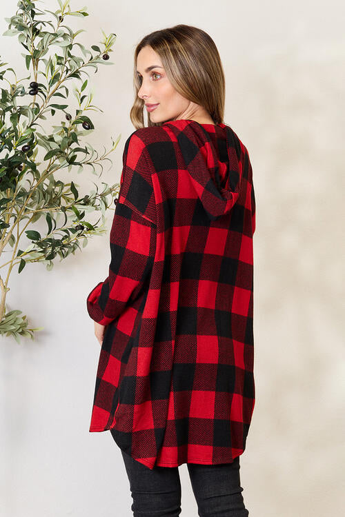 Heimish Buffalo Plaid Button Front Hooded Lightweight Shacket-The Bee Chic Boutique-[option4]-[option5]-[option6]-[option7]-[option8]-Shop-Boutique-Clothing-for-Women-Online