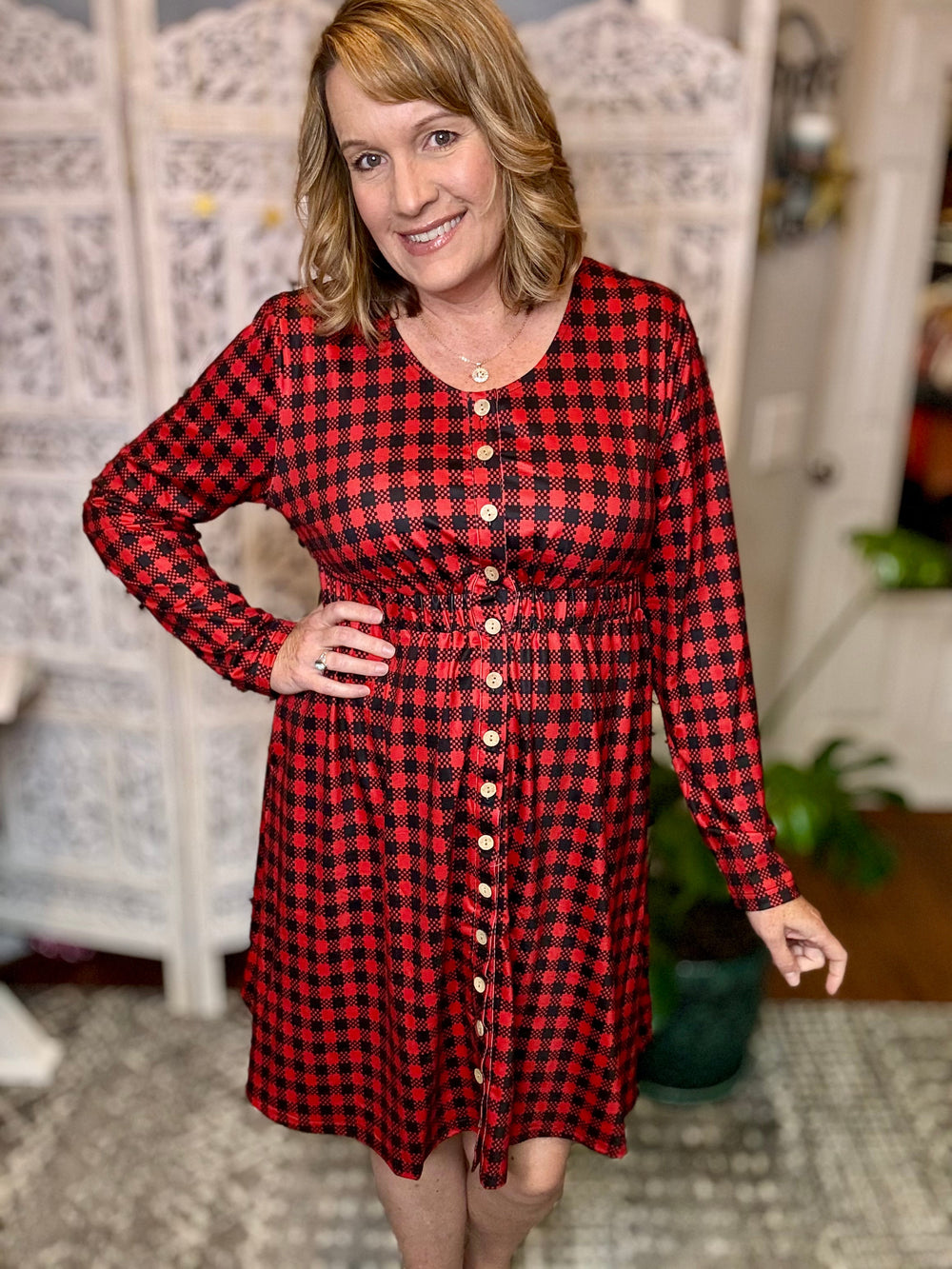Holiday Plaid Round Neck Long Sleeve Ella Magic Dress-The Bee Chic Boutique-[option4]-[option5]-[option6]-[option7]-[option8]-Shop-Boutique-Clothing-for-Women-Online