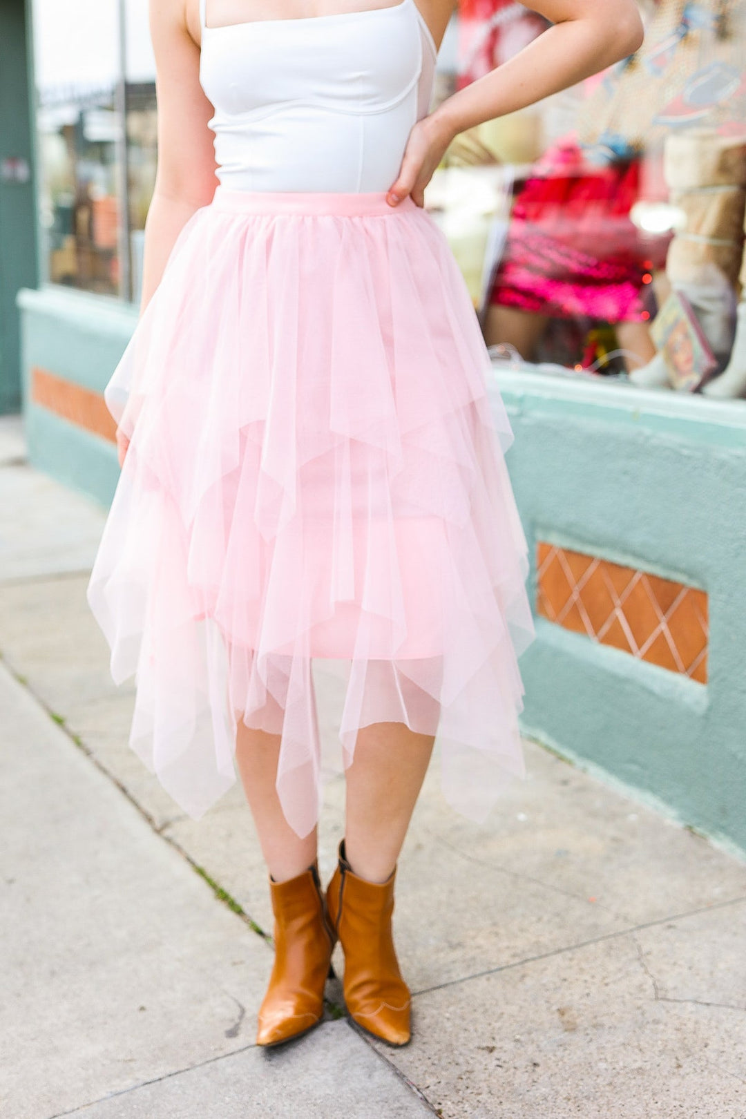 Feeling Femme' Blush Asymmetric Tiered Tulle Midi Skirt-Haptics-[option4]-[option5]-[option6]-[option7]-[option8]-Shop-Boutique-Clothing-for-Women-Online