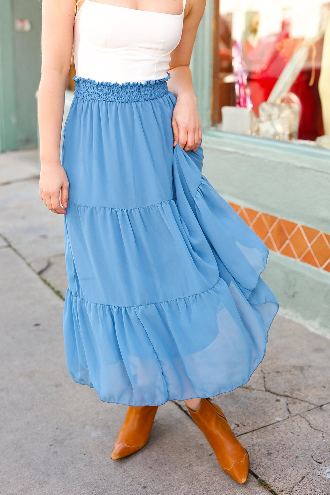 Look of Love Denim Blue Smocked Waist Tiered Chiffon Skirt-Haptics-[option4]-[option5]-[option6]-[option7]-[option8]-Shop-Boutique-Clothing-for-Women-Online