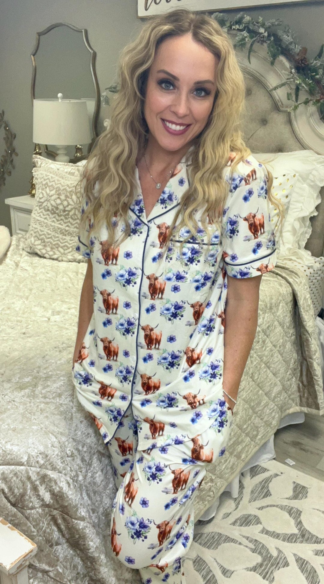 Shirley & Stone Button Down Pant Pajama Set - Lavender Flora Cow-In Stock Shirley&amp;Stone-Shirley & Stone-#6-Lavender Flora Cow-3XL-[option4]-[option5]-[option6]-[option7]-[option8]-Shop-Boutique-Clothing-for-Women-Online