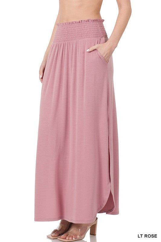 Zenana Smocked Waist Side Slit Maxi Skirt-ZENANA-LT ROSE-S-[option4]-[option5]-[option6]-[option7]-[option8]-Shop-Boutique-Clothing-for-Women-Online