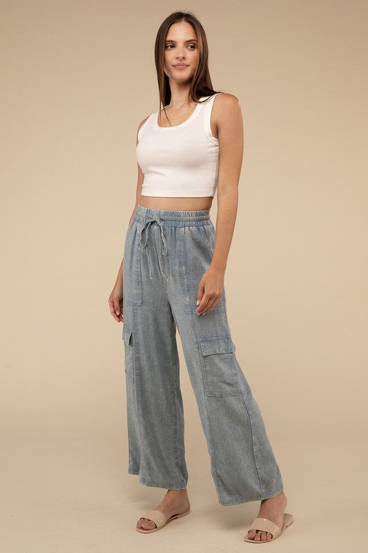 Zenana Washed Linen Elastic Band Waist Cargo Pants-ZENANA-[option4]-[option5]-[option6]-[option7]-[option8]-Shop-Boutique-Clothing-for-Women-Online