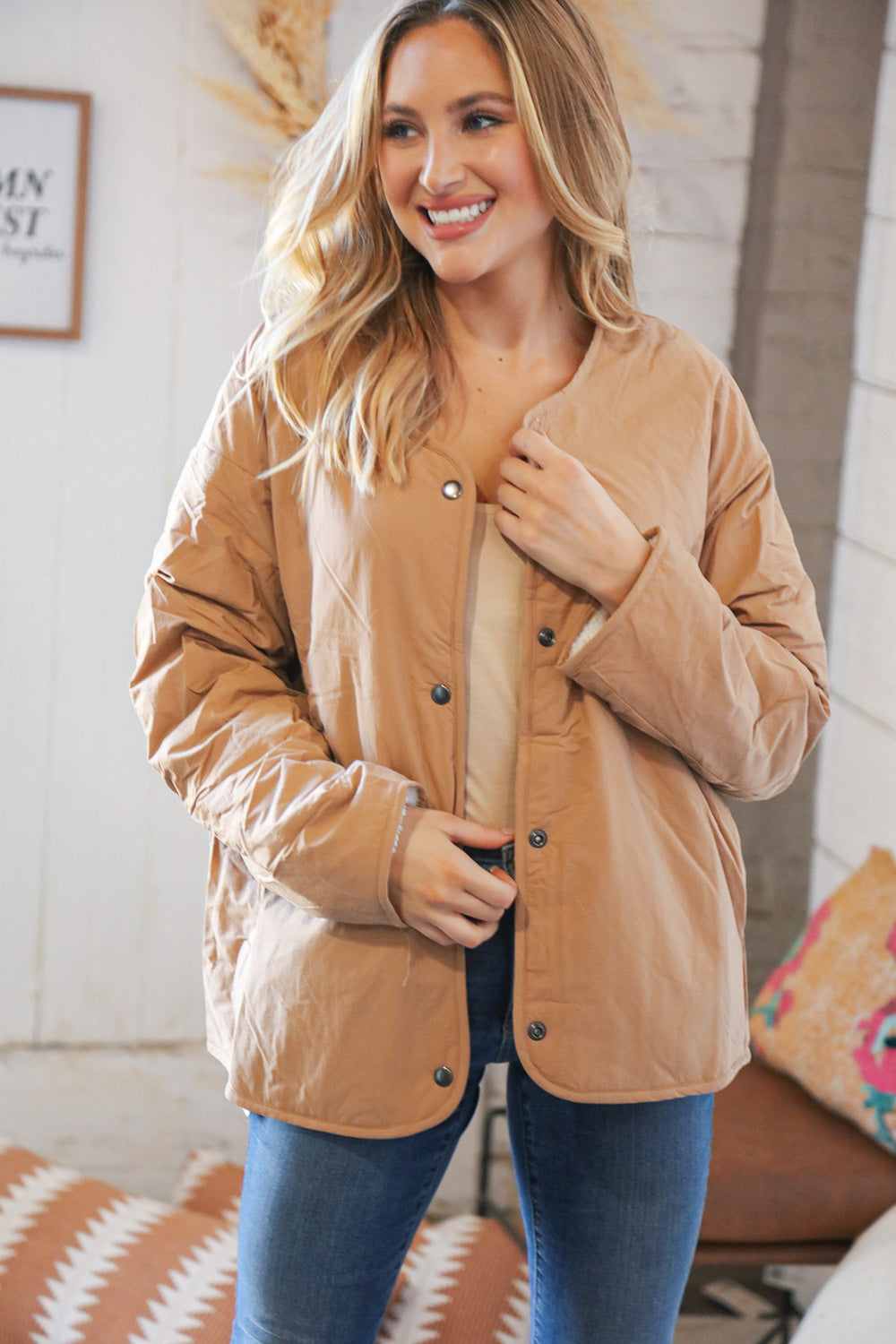 Tan Sherpa Snap Closure Fur/Reversible Lined Jacket-Entro-Small-[option4]-[option5]-[option6]-[option7]-[option8]-Shop-Boutique-Clothing-for-Women-Online