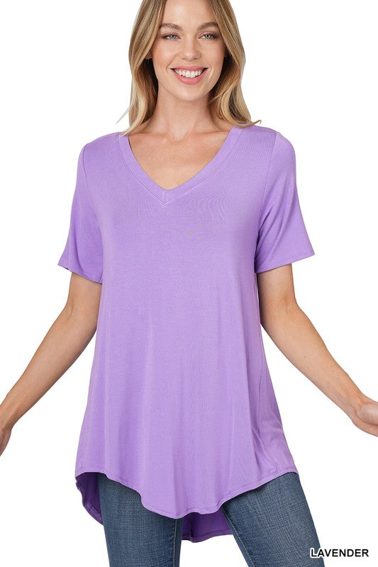 Zenana Luxe Rayon V-Neck Hi-Low Hem Tee – The Bee Chic Boutique