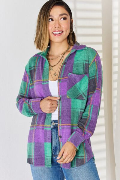 Zenana Plaid Button Up Lightweight Fleece Long Sleeve Shacket-Trendsi-Green/Purple-S-[option4]-[option5]-[option6]-[option7]-[option8]-Shop-Boutique-Clothing-for-Women-Online