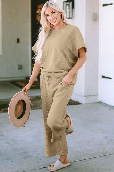 Double Take Texture Short Sleeve Top and Pants Set-Trendsi-Camel-S-[option4]-[option5]-[option6]-[option7]-[option8]-Shop-Boutique-Clothing-for-Women-Online