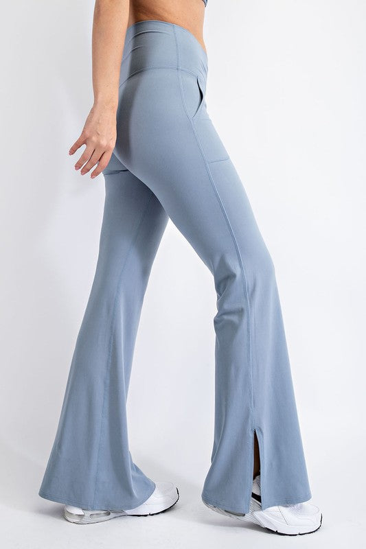 Rae Mode V Waist Flared Yoga Pants with Pockets-Rae Mode-Chambray-L-[option4]-[option5]-[option6]-[option7]-[option8]-Shop-Boutique-Clothing-for-Women-Online