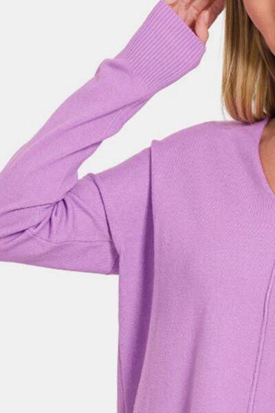Zenana Slit V-Neck Dropped Shoulder Sweater-Trendsi-[option4]-[option5]-[option6]-[option7]-[option8]-Shop-Boutique-Clothing-for-Women-Online