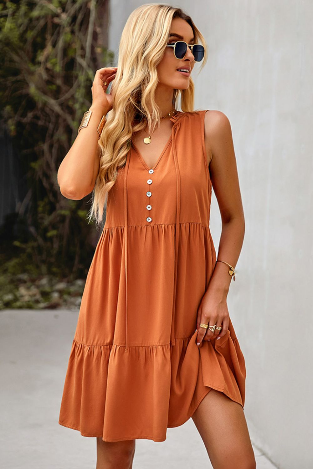 Tie Neck Tiered Dress with Decorative Buttons-Trendsi-Orange-S-[option4]-[option5]-[option6]-[option7]-[option8]-Shop-Boutique-Clothing-for-Women-Online