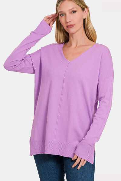 Zenana Slit V-Neck Dropped Shoulder Sweater-Trendsi-BLAVENDER-S/M-[option4]-[option5]-[option6]-[option7]-[option8]-Shop-Boutique-Clothing-for-Women-Online