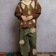 POL V-Neck Argyle Pattern Mohair Sweater with Contrast Exposed Stitch Detail-sweater-Trendsi-[option4]-[option5]-[option6]-[option7]-[option8]-Shop-Boutique-Clothing-for-Women-Online