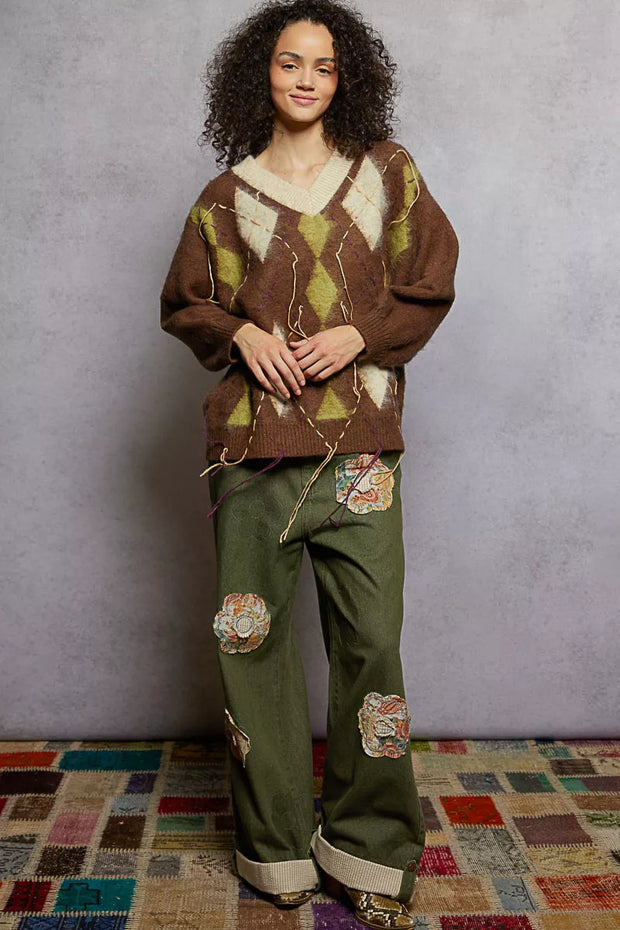 POL V-Neck Argyle Pattern Mohair Sweater with Contrast Exposed Stitch Detail-sweater-Trendsi-[option4]-[option5]-[option6]-[option7]-[option8]-Shop-Boutique-Clothing-for-Women-Online