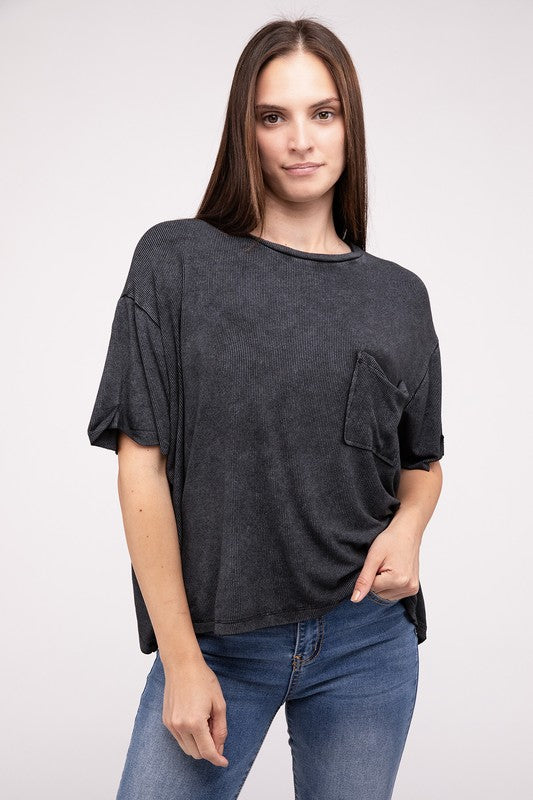 Zenana Washed Ribbed Cuffed Short Sleeve Round Neck Top-ZENANA-[option4]-[option5]-[option6]-[option7]-[option8]-Shop-Boutique-Clothing-for-Women-Online