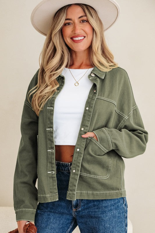 Denim Button-Up Patch Pocket Collared Jacket-JUNIPER BLVD-[option4]-[option5]-[option6]-[option7]-[option8]-Shop-Boutique-Clothing-for-Women-Online