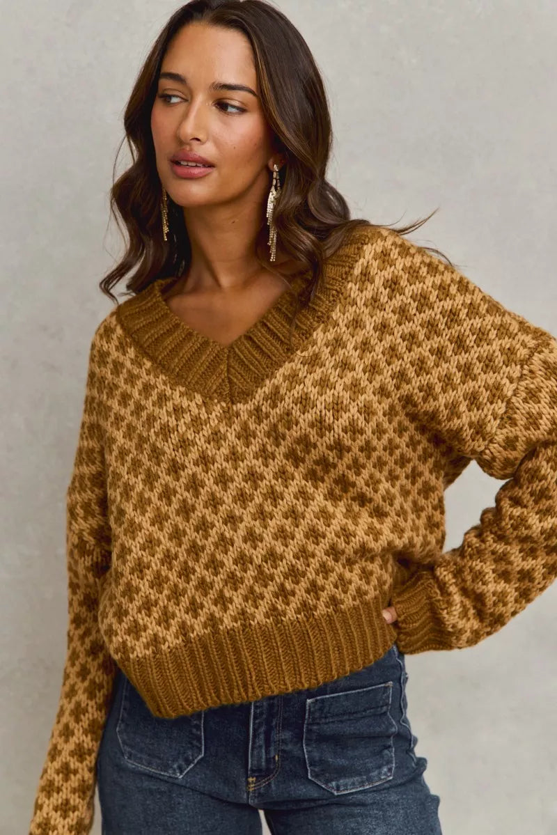 SO ME Color Block Textured Christmas Sweater V Neck Top-Sweaters-Trendsi-[option4]-[option5]-[option6]-[option7]-[option8]-Shop-Boutique-Clothing-for-Women-Online
