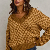 SO ME Color Block Textured Christmas Sweater V Neck Top-Sweaters-Trendsi-[option4]-[option5]-[option6]-[option7]-[option8]-Shop-Boutique-Clothing-for-Women-Online