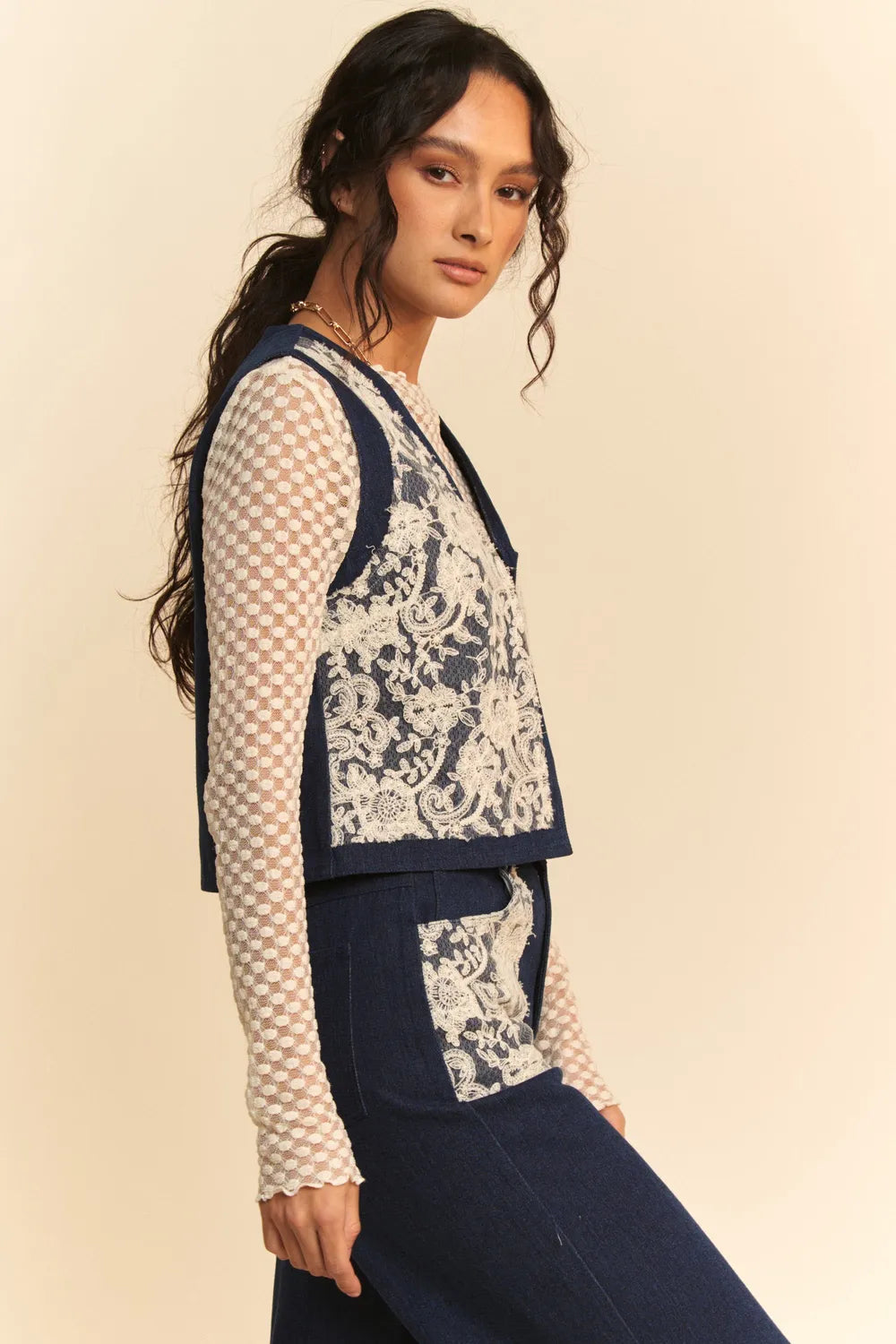 Davi & Dani Lace Patch Open Front Denim Vest-Vest-Trendsi-[option4]-[option5]-[option6]-[option7]-[option8]-Shop-Boutique-Clothing-for-Women-Online