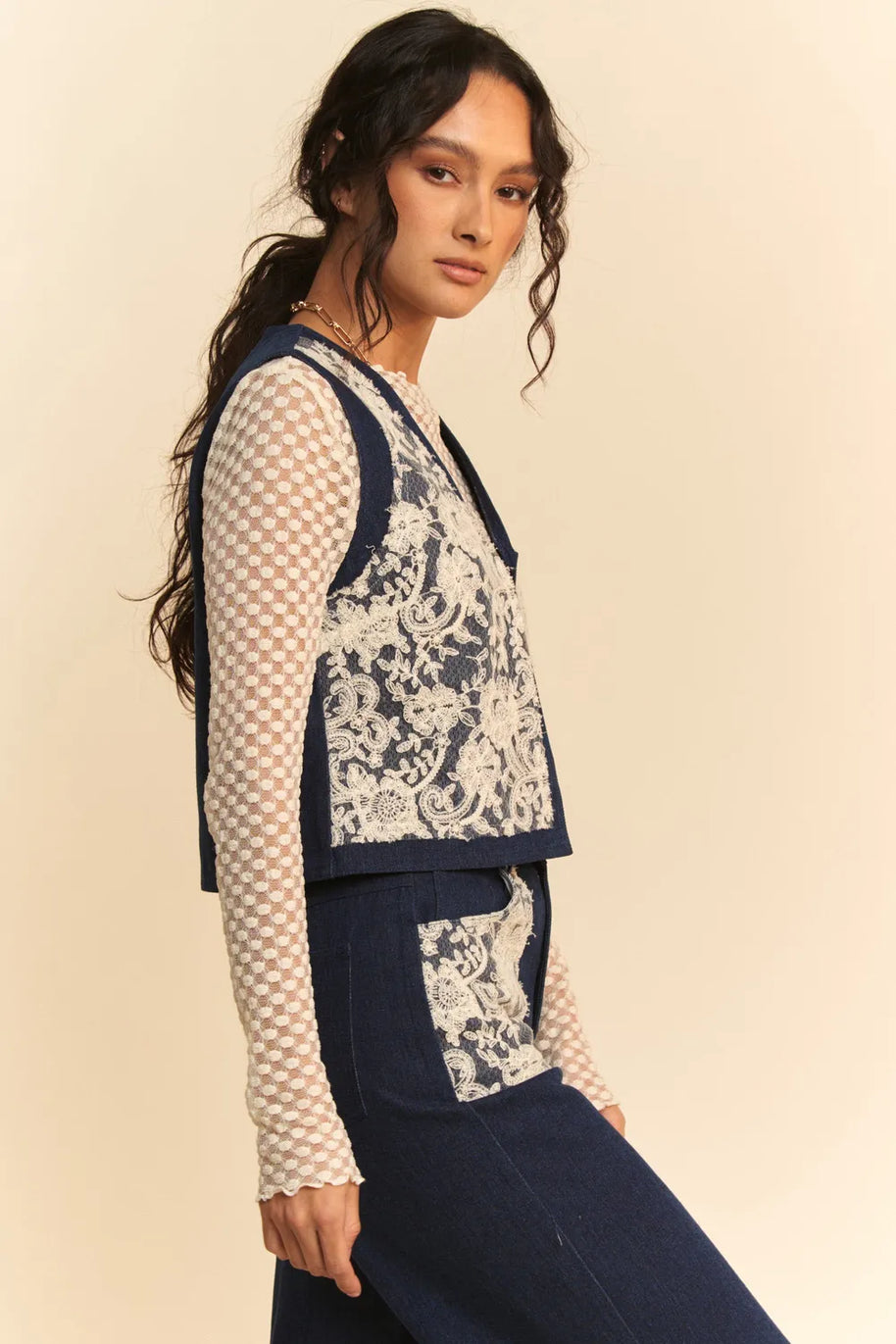 Davi & Dani Lace Patch Open Front Denim Vest-Vest-Trendsi-[option4]-[option5]-[option6]-[option7]-[option8]-Shop-Boutique-Clothing-for-Women-Online