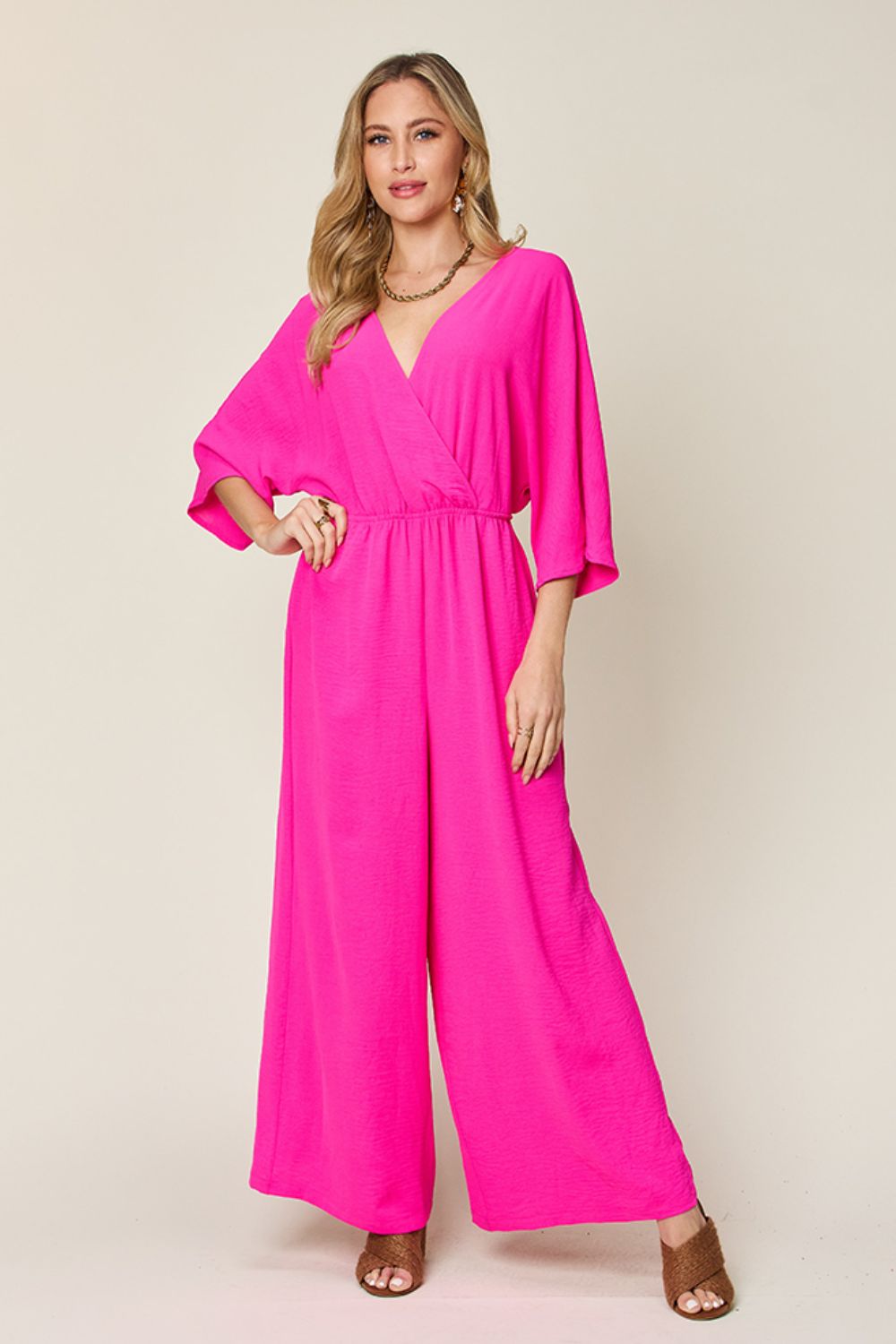 Double Take Half Sleeve Wide Leg Jumpsuit-Trendsi-Hot Pink-S-[option4]-[option5]-[option6]-[option7]-[option8]-Shop-Boutique-Clothing-for-Women-Online