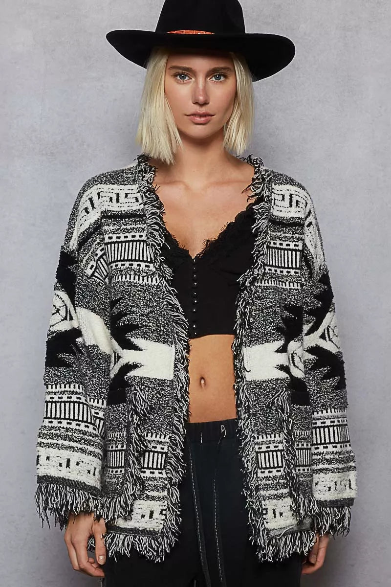 POL Open Front Geometric Print Cardigan with Fringe Detail-Cardigan-Trendsi-[option4]-[option5]-[option6]-[option7]-[option8]-Shop-Boutique-Clothing-for-Women-Online