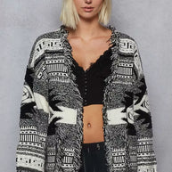 POL Open Front Geometric Print Cardigan with Fringe Detail-Cardigan-Trendsi-[option4]-[option5]-[option6]-[option7]-[option8]-Shop-Boutique-Clothing-for-Women-Online