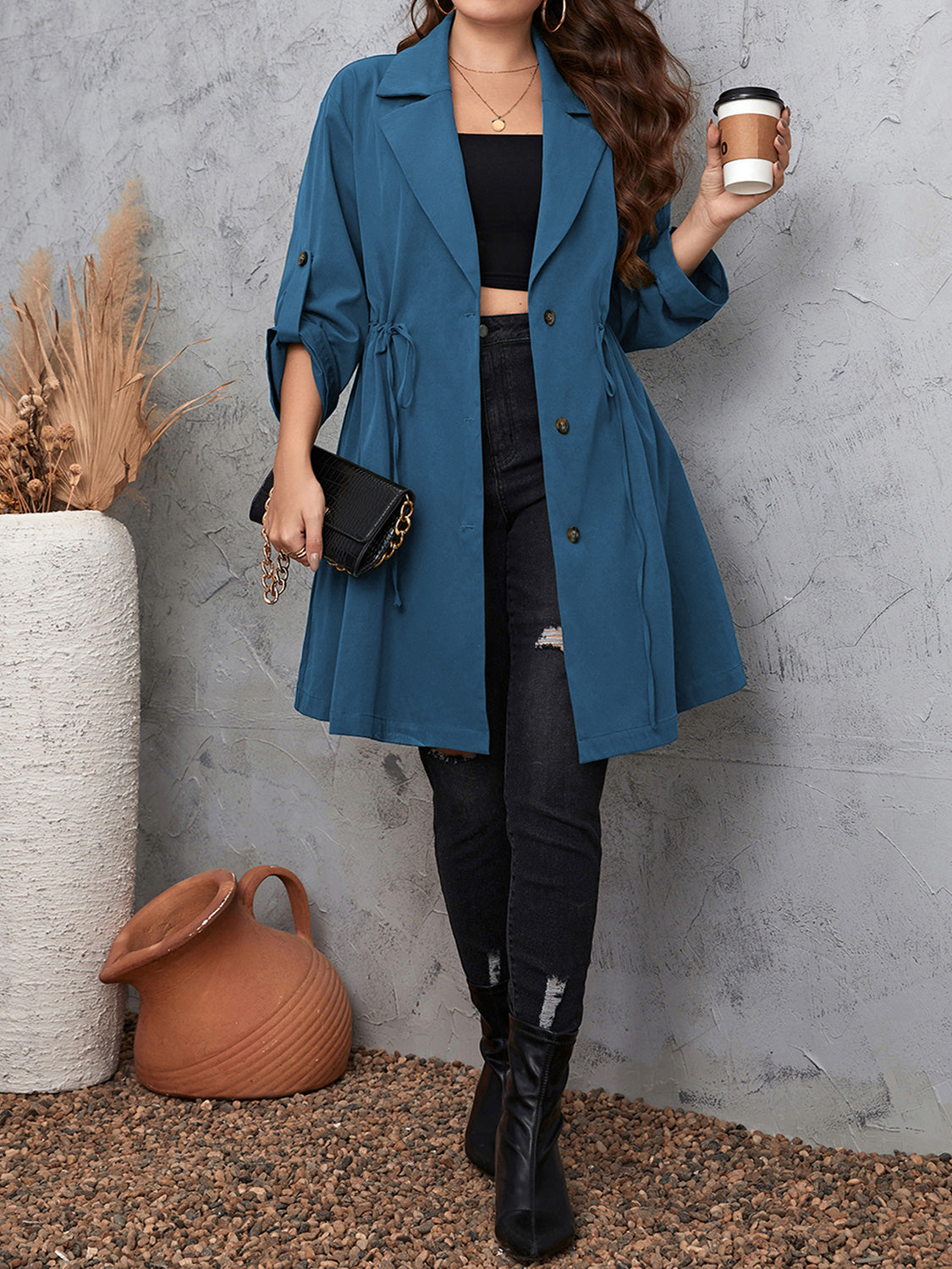Honey Plus Size Lapel Collar Drawstring Roll-Tab Sleeve Trench Coat-Coats & Jackets-Trendsi-[option4]-[option5]-[option6]-[option7]-[option8]-Shop-Boutique-Clothing-for-Women-Online