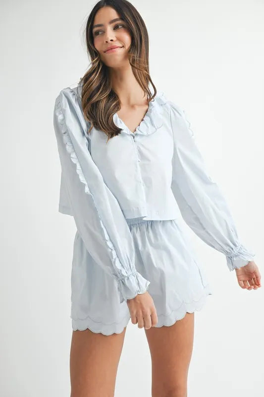 MABLE Long Sleeve Scallop Blouse and Shorts Set-Two Piece Shorts Sets-Trendsi-[option4]-[option5]-[option6]-[option7]-[option8]-Shop-Boutique-Clothing-for-Women-Online