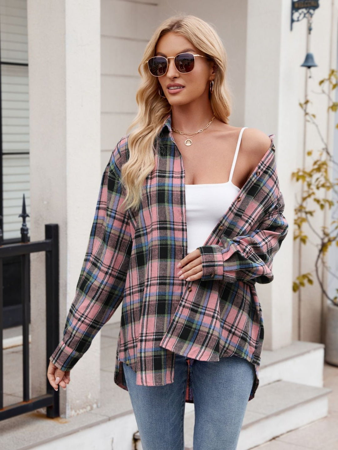 Mandy Pocketed Plaid Collared Neck Long Sleeve Shirt-Trendsi-[option4]-[option5]-[option6]-[option7]-[option8]-Shop-Boutique-Clothing-for-Women-Online