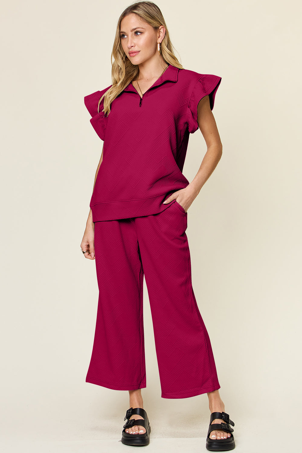 Double Take Texture Ruffle Short Sleeve Top and Drawstring Wide Leg Pants Set-Trendsi-Deep Rose-S-[option4]-[option5]-[option6]-[option7]-[option8]-Shop-Boutique-Clothing-for-Women-Online