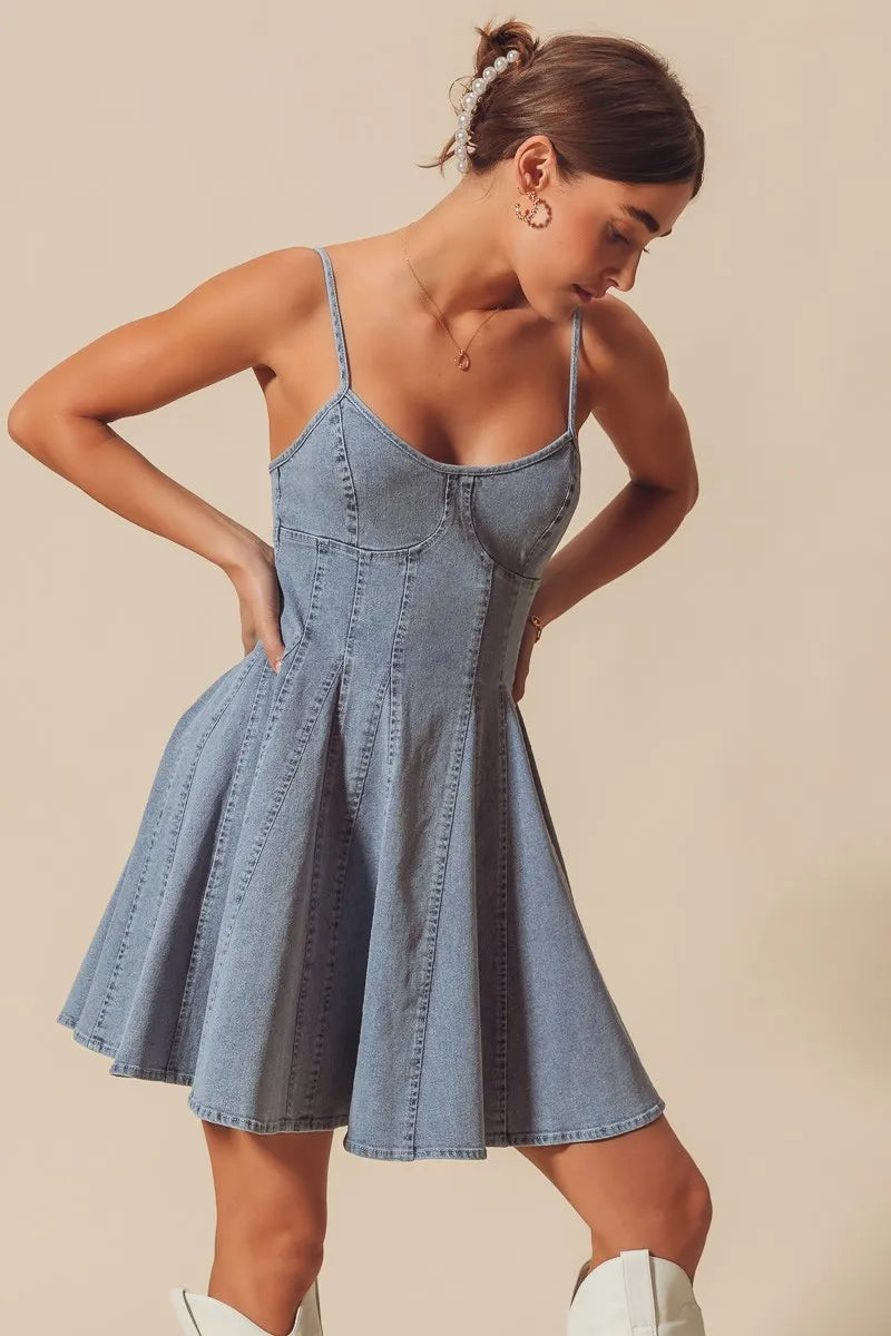 SO ME A Line Fit and Flare Denim Mini Dress-Dresses-Trendsi-[option4]-[option5]-[option6]-[option7]-[option8]-Shop-Boutique-Clothing-for-Women-Online