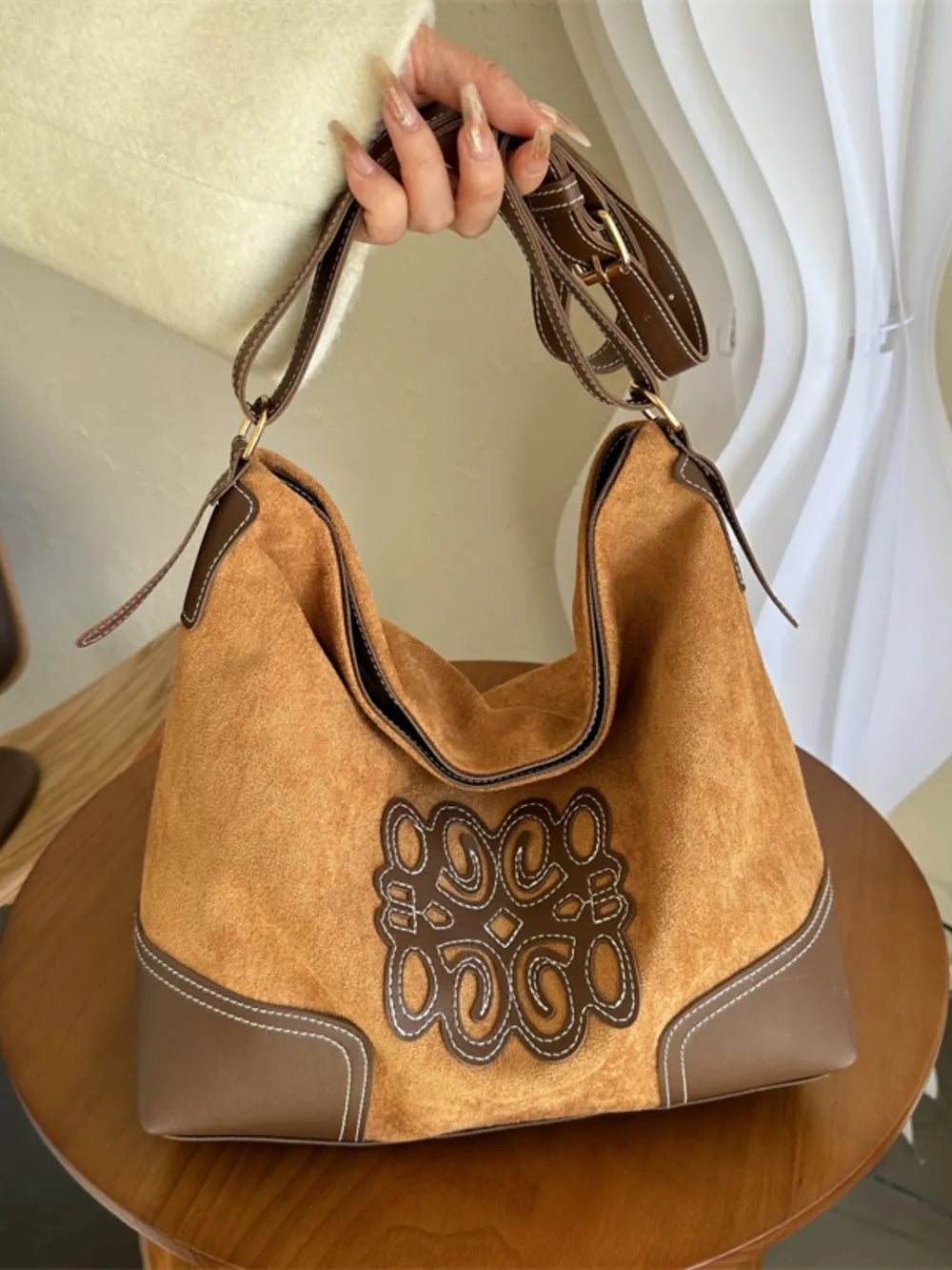 Suede Patch Adjustable Strap Tote Bag-Bags-Trendsi-[option4]-[option5]-[option6]-[option7]-[option8]-Shop-Boutique-Clothing-for-Women-Online
