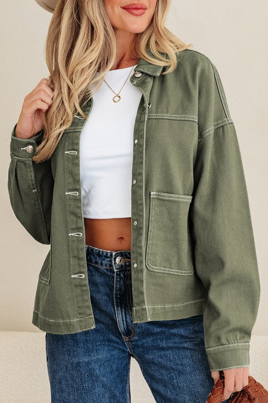 Denim Button-Up Patch Pocket Collared Jacket-JUNIPER BLVD-[option4]-[option5]-[option6]-[option7]-[option8]-Shop-Boutique-Clothing-for-Women-Online