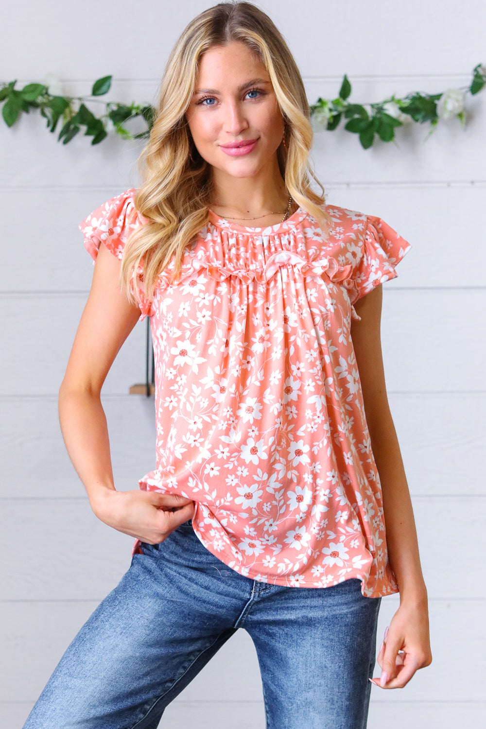 Peach Floral Print Frilled Short Sleeve Yoke Top-Haptics-[option4]-[option5]-[option6]-[option7]-[option8]-Shop-Boutique-Clothing-for-Women-Online