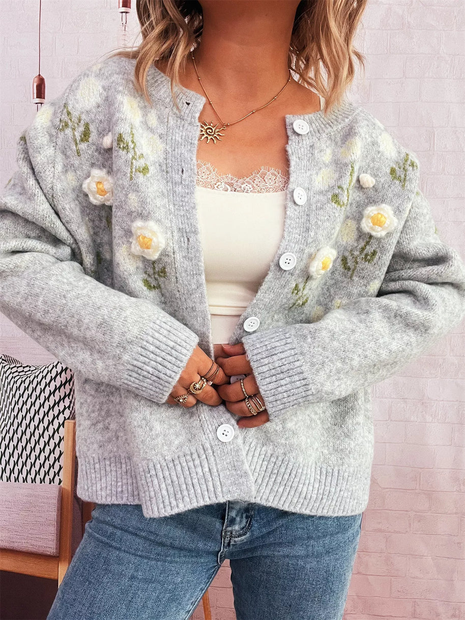 Flower Button Up Long Sleeve Cardigan-Cardigan-Trendsi-[option4]-[option5]-[option6]-[option7]-[option8]-Shop-Boutique-Clothing-for-Women-Online