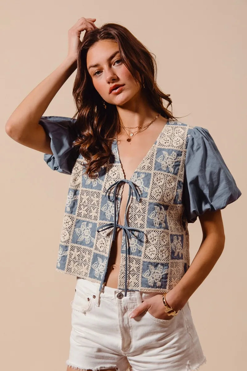 SO ME Crochet Lace Tie Front V Neck Blouse Top-Blouses-Trendsi-[option4]-[option5]-[option6]-[option7]-[option8]-Shop-Boutique-Clothing-for-Women-Online