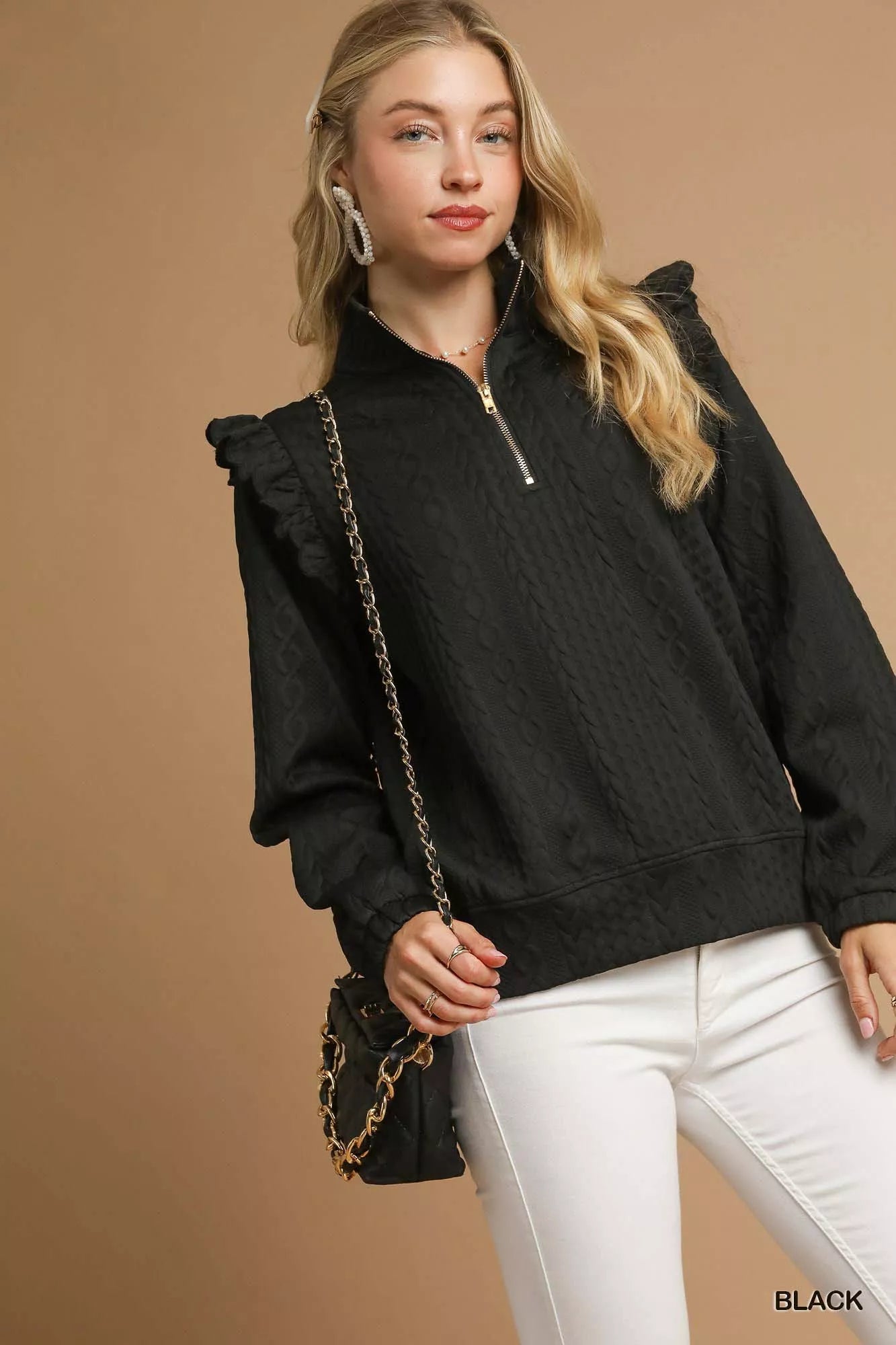 Umgee Cable Knit Textured Pullover with Ruffle Shoulders-Sweatshirts & Hoodies-Trendsi-[option4]-[option5]-[option6]-[option7]-[option8]-Shop-Boutique-Clothing-for-Women-Online