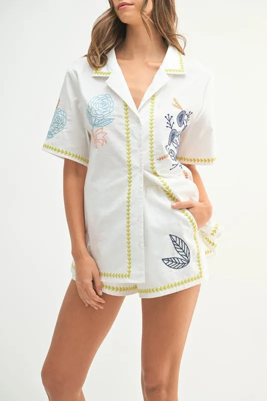 MABLE Embroidered Button Down Shirt and Shorts Set-Sets-Trendsi-[option4]-[option5]-[option6]-[option7]-[option8]-Shop-Boutique-Clothing-for-Women-Online
