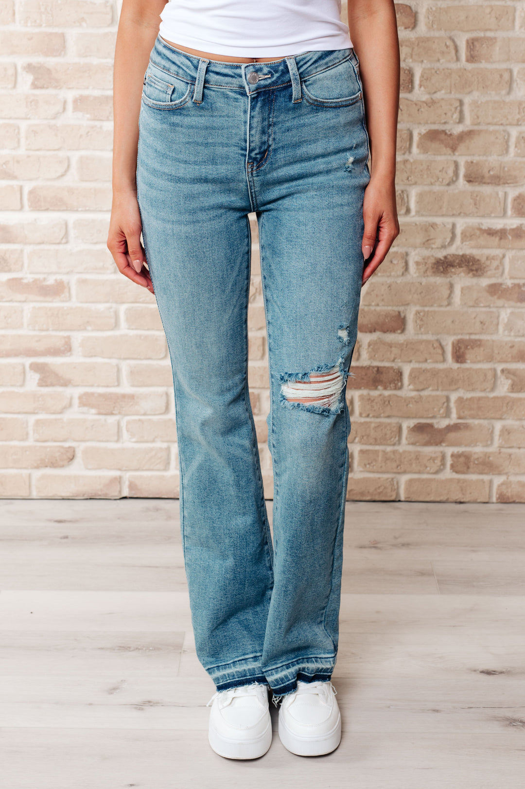 Judy Blue Isla Mid Rise Distressed Released Hem Bootcut Jeans-Womens-Ave Shops-[option4]-[option5]-[option6]-[option7]-[option8]-Shop-Boutique-Clothing-for-Women-Online