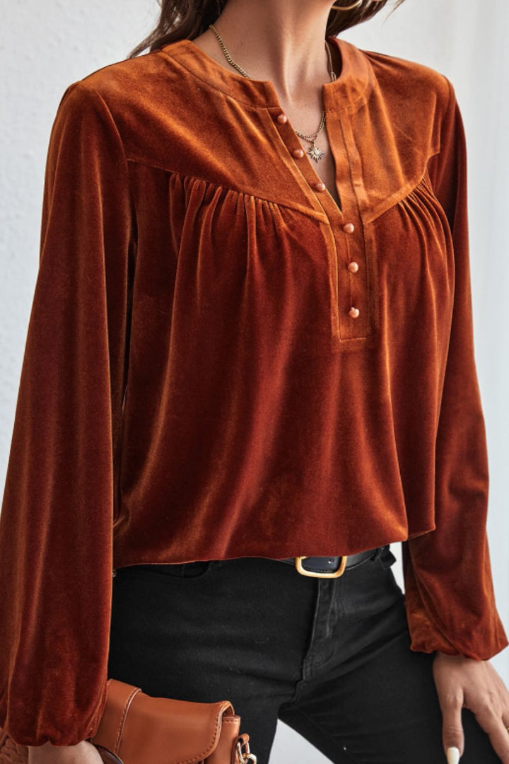 Notched Long Sleeve Velvet Top-Trendsi-Brown-S-[option4]-[option5]-[option6]-[option7]-[option8]-Shop-Boutique-Clothing-for-Women-Online