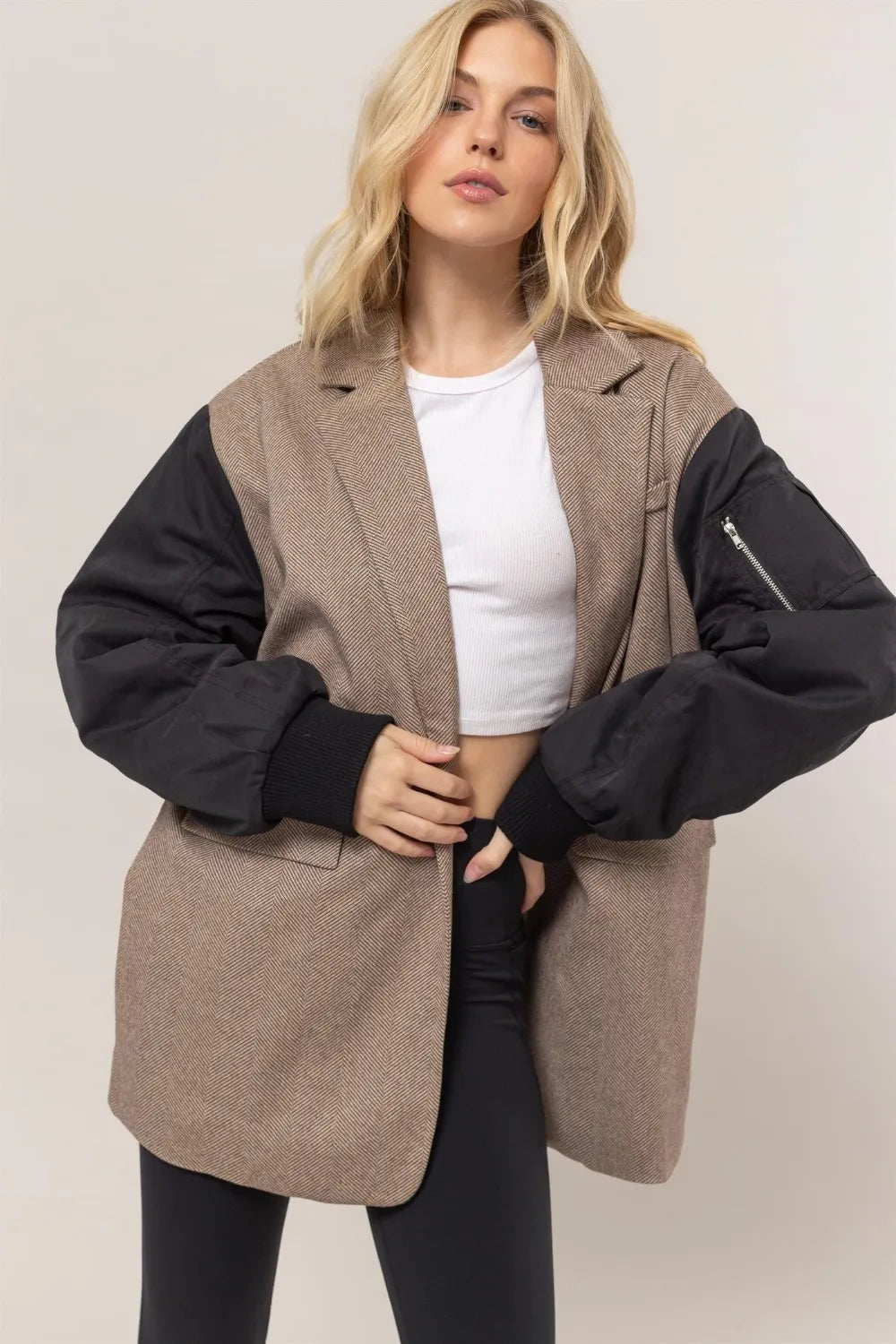 HYFVE Herringbone Mixed Media Contrast Long Sleeve Blazer-Blazers-Trendsi-Brown-S-[option4]-[option5]-[option6]-[option7]-[option8]-Shop-Boutique-Clothing-for-Women-Online