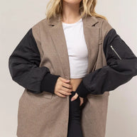 HYFVE Herringbone Mixed Media Contrast Long Sleeve Blazer-Blazers-Trendsi-Brown-S-[option4]-[option5]-[option6]-[option7]-[option8]-Shop-Boutique-Clothing-for-Women-Online