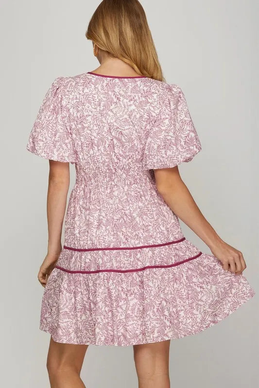 She + Sky Full Size Printed V-Neck Puff Sleeve Tiered Dress-Dresses-Trendsi-[option4]-[option5]-[option6]-[option7]-[option8]-Shop-Boutique-Clothing-for-Women-Online